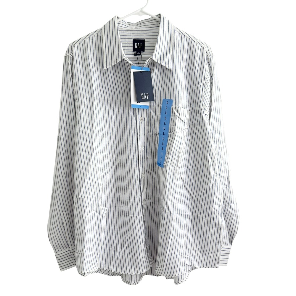 NWT Gap Linen Button Down Women Size L Multi Blue Striped Long Sleeve Shirt